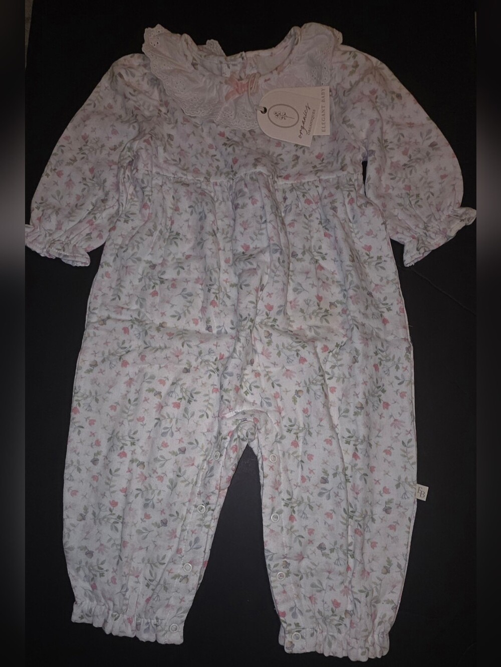 Elegant Baby Delicate Floral Ruffle Collar Baby Romper - White with Pink & Green - Picture 2 of 12